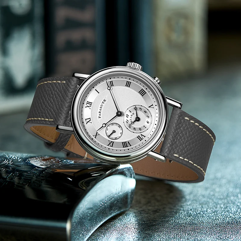 FARASUTE Retro Luxury Alarm Clock Quartz Watch Men Waterproof Night Light Wristwatch Casual Sapphire Stainless Steel Male Reloj