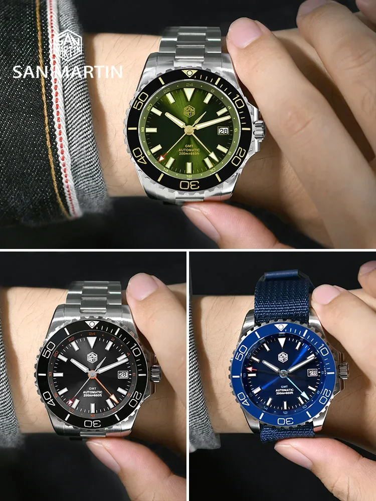 San Martin SN0136 39mm Diver GMT Watch Enamel Dial NH34 Stainless Steel Luxury Men Watch Sapphire Luminous  Automatic Mechanical