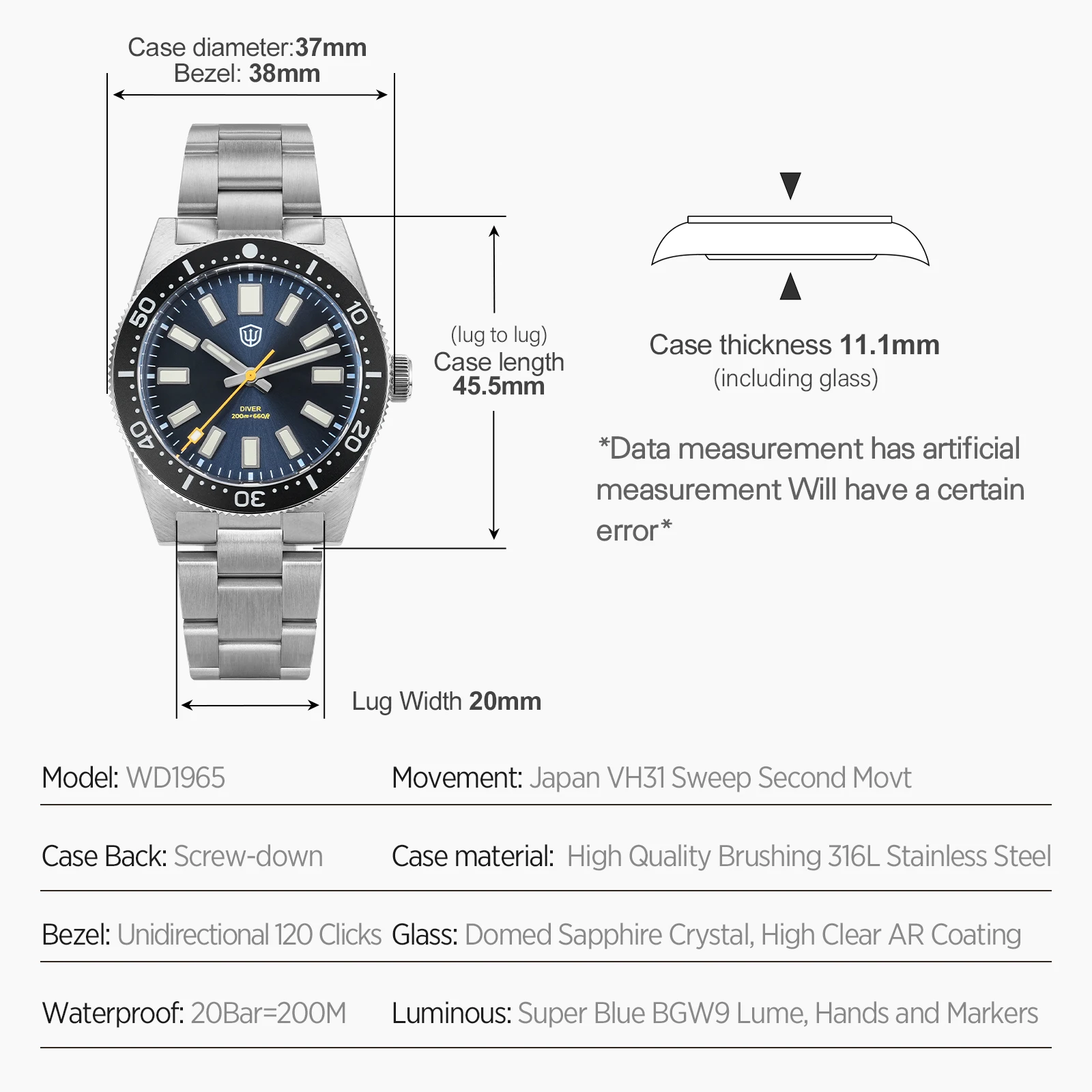 Watchdives WD1965 Luxury Men's Watch VH31 Scanning Second Quartz Movement 38mm Watch Night Light 20Bar Waterproof Watches