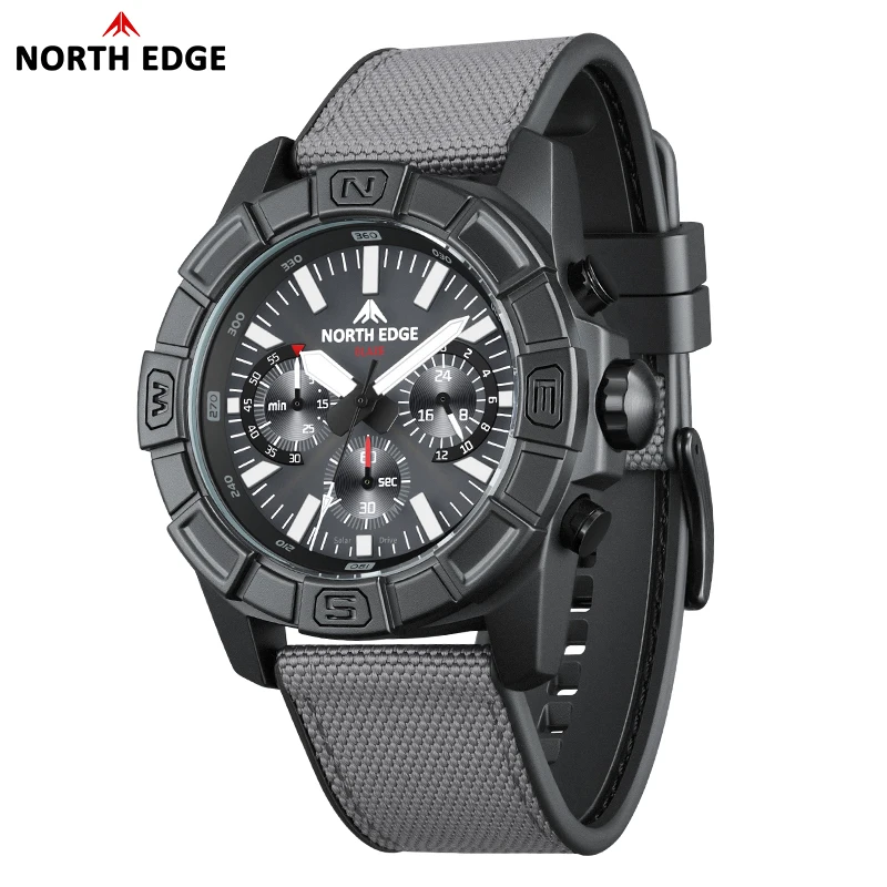 NORTH EDGE BLAZE Men's Watches Solar Power 316 stainless steel Case Quartz Watch For Men Pilot Sports Waterproof 50M Stopwatch