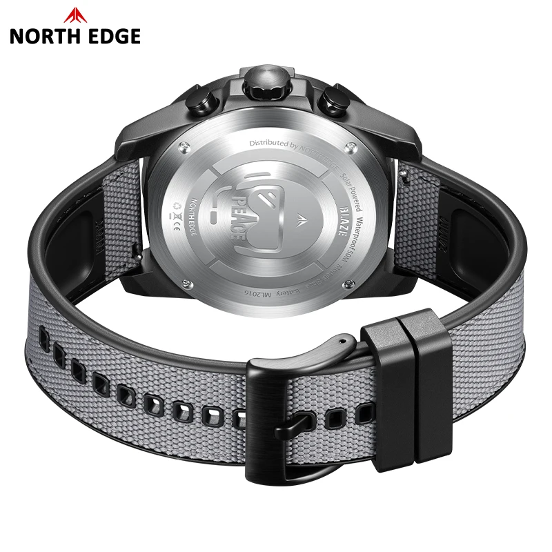 NORTH EDGE BLAZE Men's Watches Solar Power 316 stainless steel Case Quartz Watch For Men Pilot Sports Waterproof 50M Stopwatch