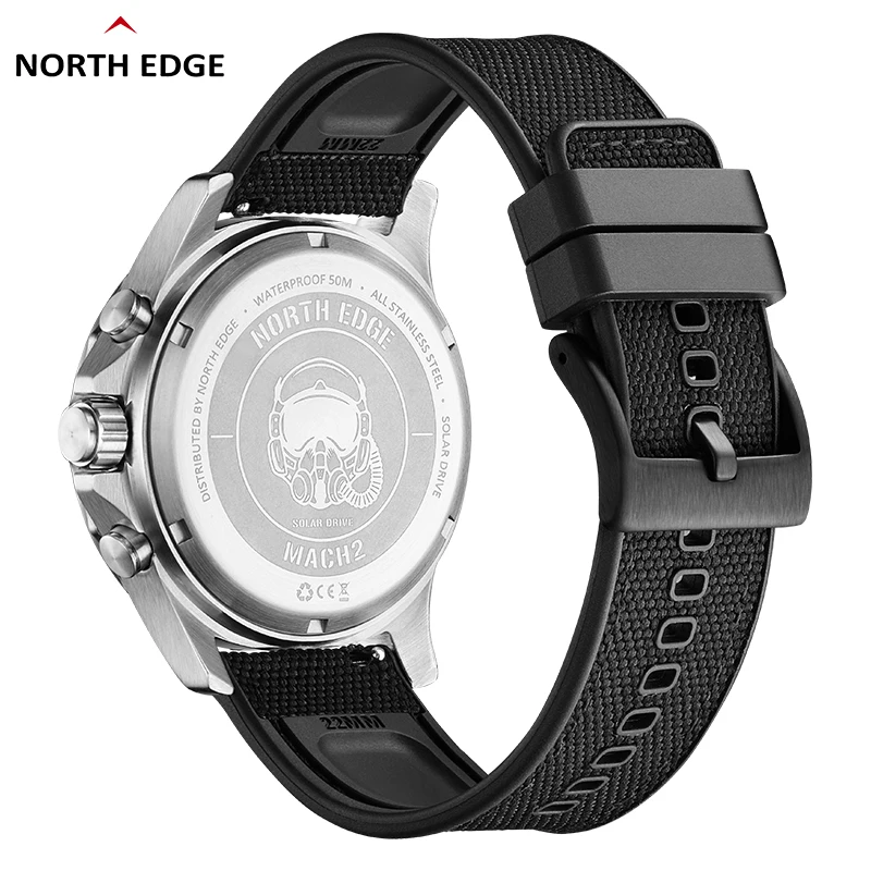 NORTH EDGE MACH 2 Men's Watches Solar Power 316 stainless steel Case Quartz Watch For Men Pilot Waterproof 50M Stopwatch