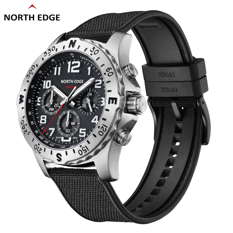 NORTH EDGE MACH 2 Men's Watches Solar Power 316 stainless steel Case Quartz Watch For Men Pilot Waterproof 50M Stopwatch