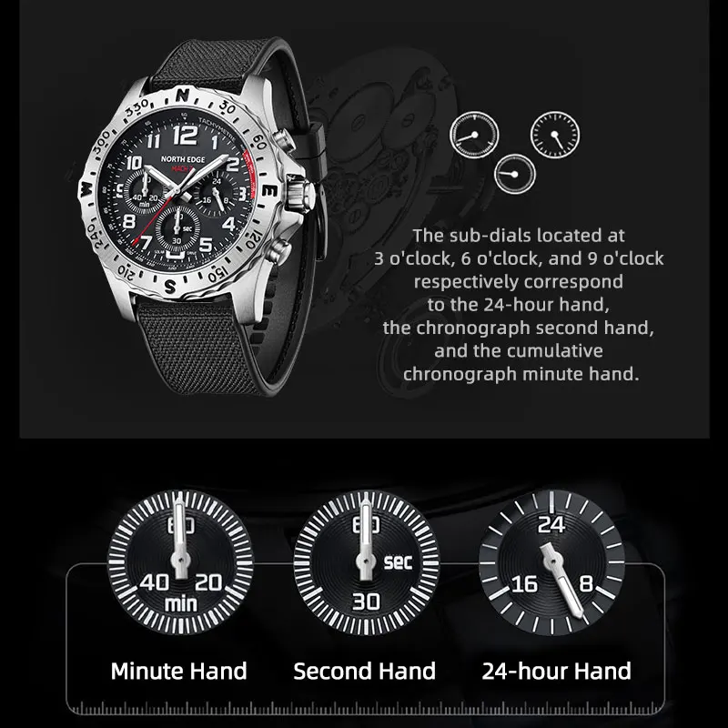 NORTH EDGE MACH 2 Men's Watches Solar Power 316 stainless steel Case Quartz Watch For Men Pilot Waterproof 50M Stopwatch