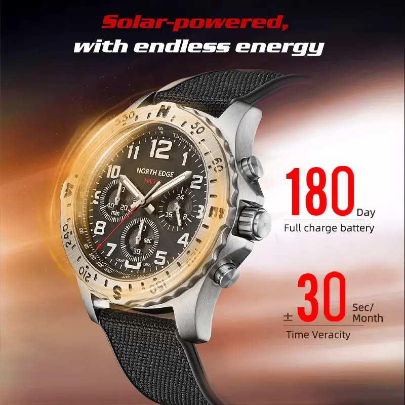 NORTH EDGE MACH 2 Men's Watches Solar Power 316 stainless steel Case Quartz Watch For Men Pilot Waterproof 50M Stopwatch