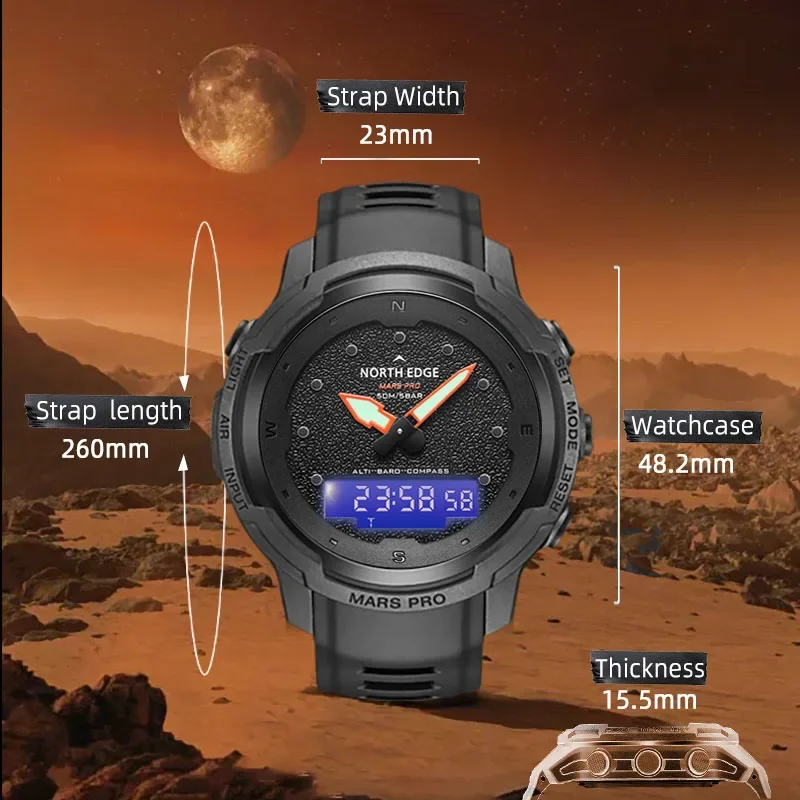 NORTH EDGE MARS Pro Men's Sports Digital Watch Military Army Carbon Fiber Case Watches Altimeter Barometer Compass Waterproo 50M