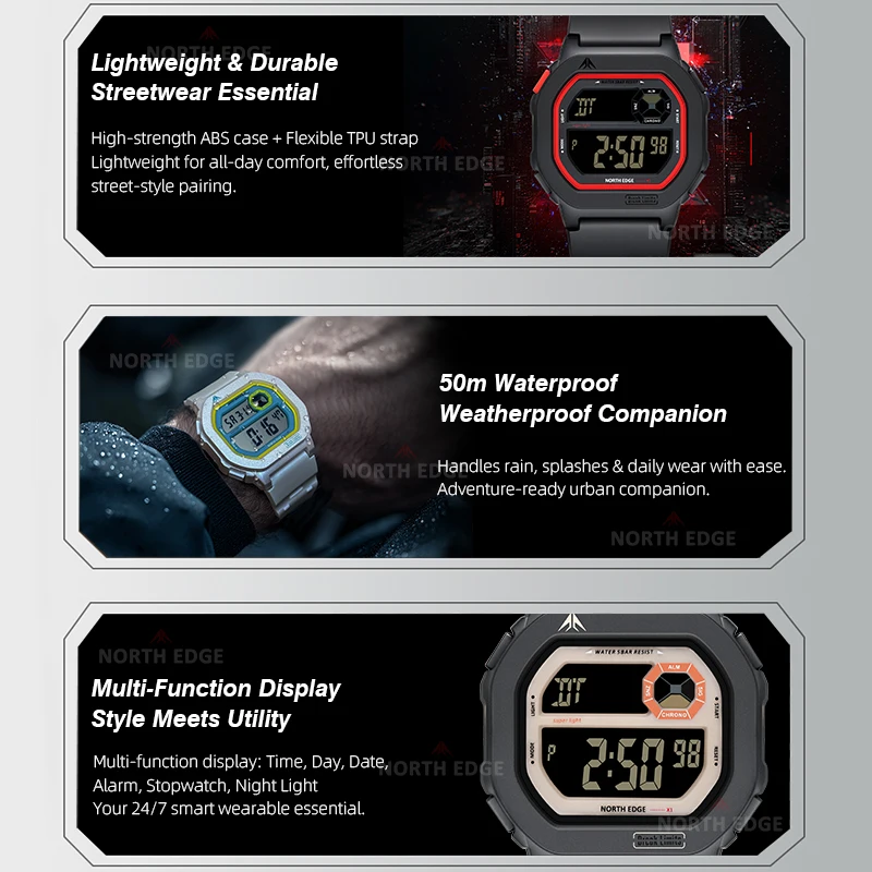 NORTH EDGE Square Screen Digital Wristwatch Men Women Sports watch Waterproof 50m Stopwatch Countdown Alarm Clock Reloj Hombre