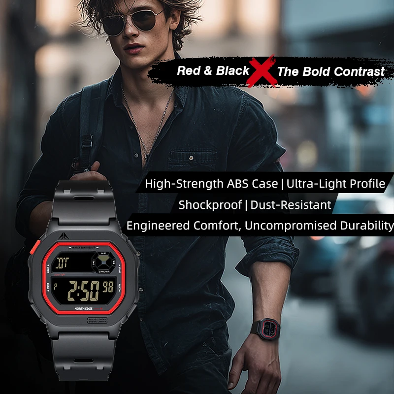 NORTH EDGE Square Screen Digital Wristwatch Men Women Sports watch Waterproof 50m Stopwatch Countdown Alarm Clock Reloj Hombre