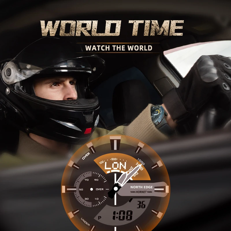 NORTH EDGE HORNET Men's Digital Watch Running Cycling Sports Watches Waterproof 50M World Time Speed Illuminator Wristwatch