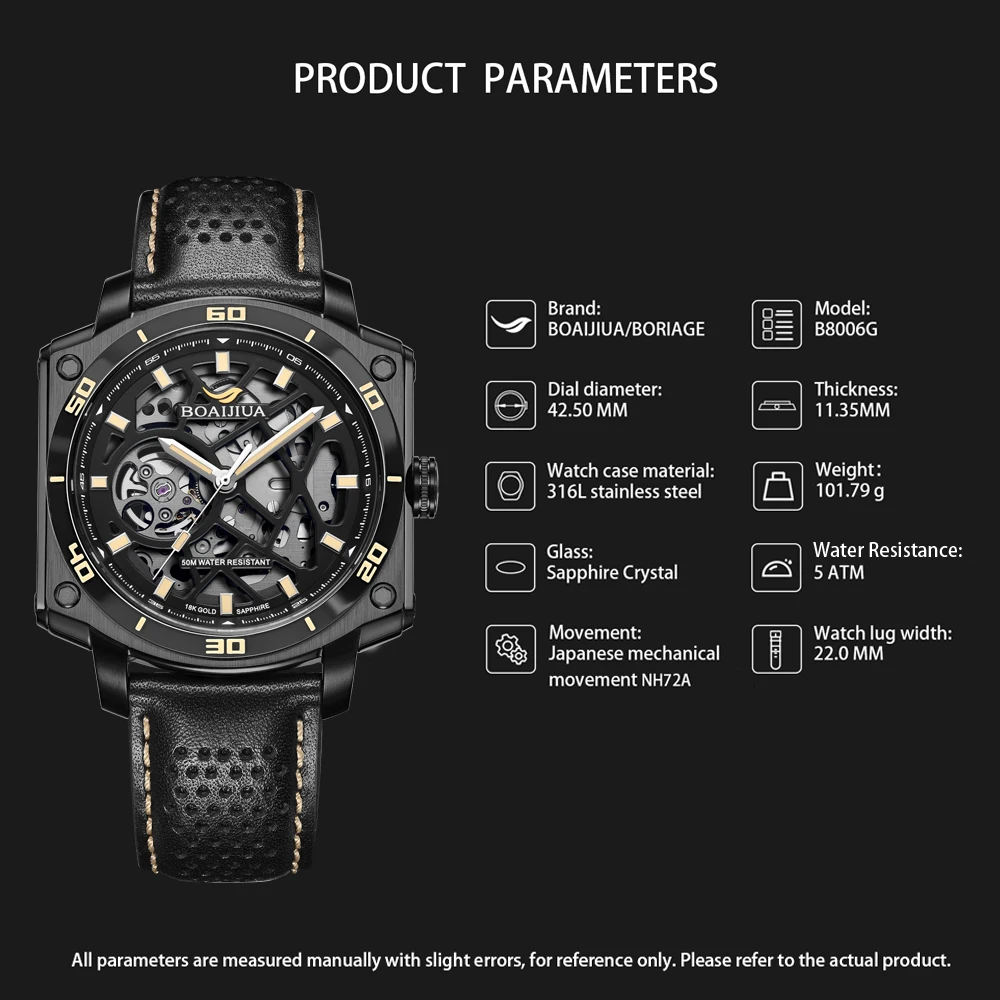 BOAIJIUAFully Automatic Mechanical Men's Watch Cut Out Watch Original Design Watch 50m Waterproof