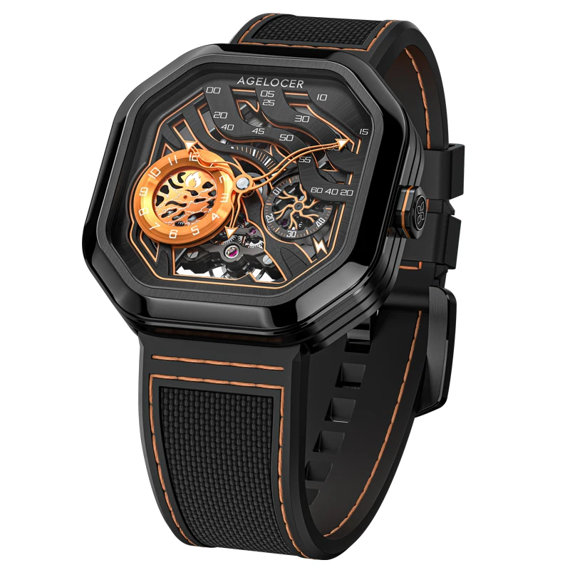AGELOCER Original Volcano Watch Men's Square Luxurious Skeleton Automatic Mechanical Watch Birthday Gift for Men