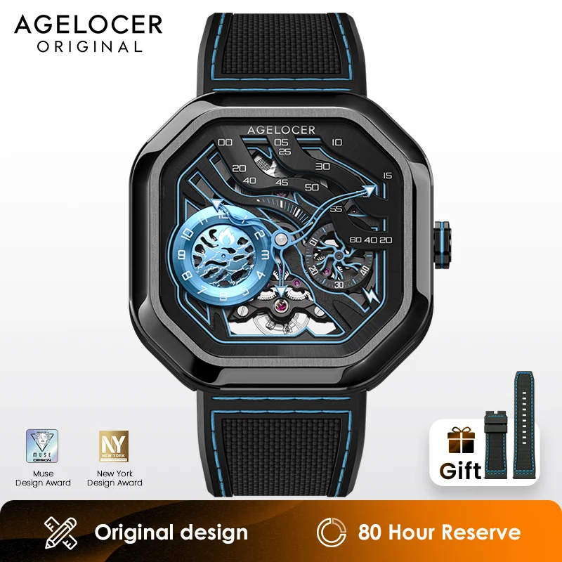Agelocer Volcano Series Skeleton Automatic Watch with sapphire crystal and 80-hour reserve