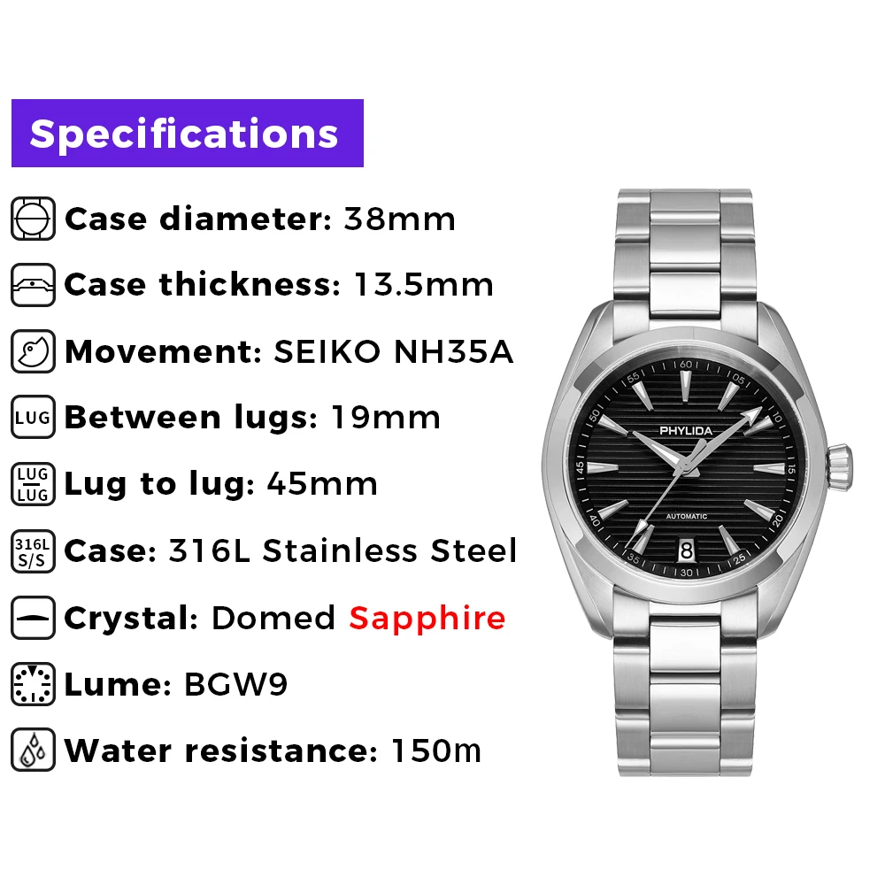PHYLIDA 38mm AQUA AT150 Men's Automatic Watch Black Dial Mechanical Wristwatch BGW9 Dial NH35A Movement 150M Water Resistant