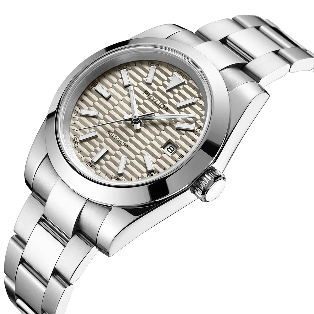 PHYLIDA NEW 39mm Three-Hand with Date Men's Watch Gray Dial 100M WR Miyota Mechanical Automatic Movement Hacking Function