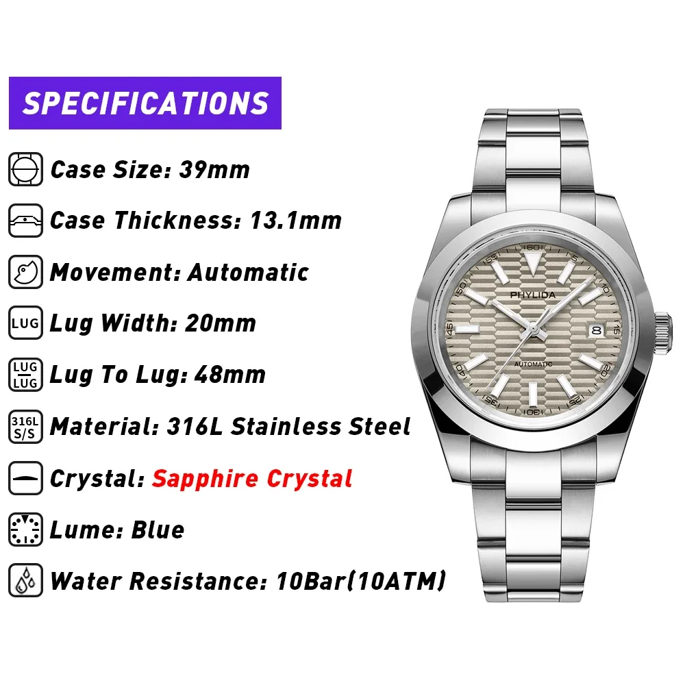 PHYLIDA NEW 39mm Three-Hand with Date Men's Watch Gray Dial 100M WR Miyota Mechanical Automatic Movement Hacking Function