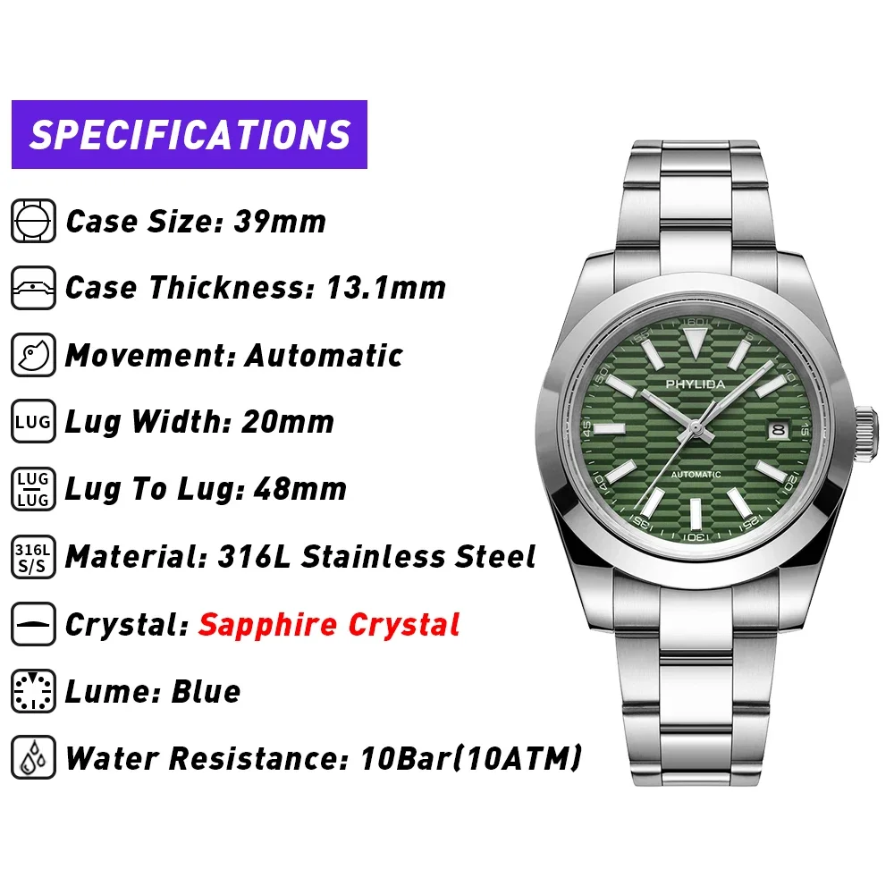 PHYLIDA 39mm Three-Hand with Date New Green Dial Mens Watch 100M WR Miyota Mechanical Automatic Movement
