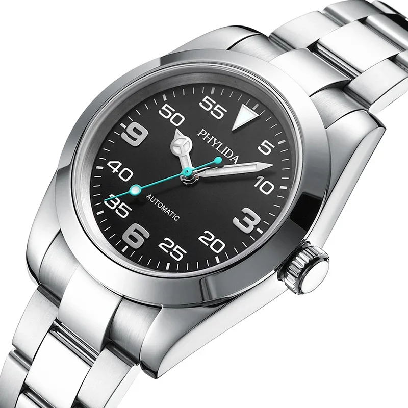 PHYLIDA 39mm Automatic Mechanical Luxury Pilot Watch Black Dial 100M Water Resistant 3 Hands No Date