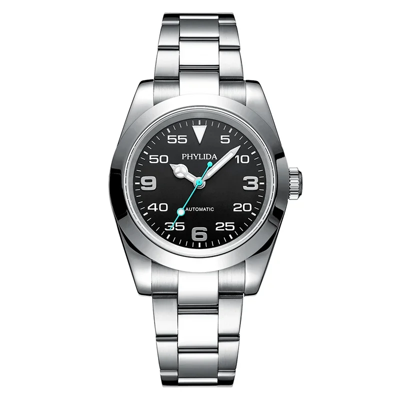 PHYLIDA 39mm Pilot Watch black dial front view