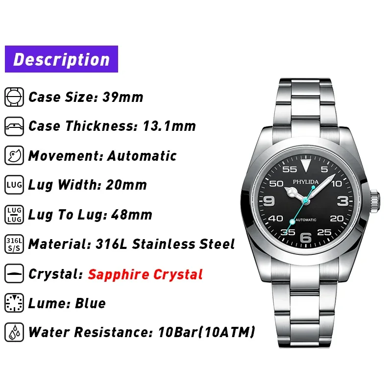 PHYLIDA 39mm Automatic Mechanical Luxury Pilot Watch Black Dial 100M Water Resistant 3 Hands No Date