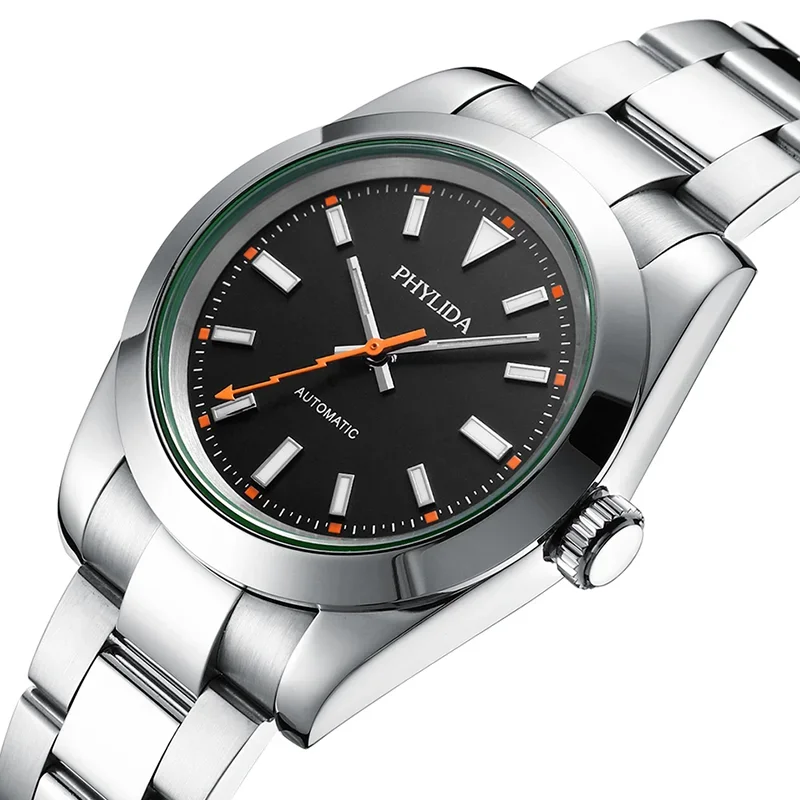 PHYLIDA 39mm MIYOTA Automatic Mechanical Luxury Everyday Watch Lightning Bolt Hands 10Bar Waterproof Black Dial 100M WR