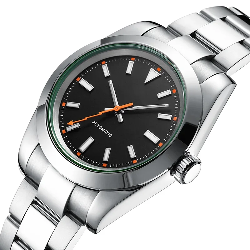PHYLIDA 39mm MIYOTA Automatic Mechanical Luxury Everyday Watch Lightning Bolt Hands 10Bar Waterproof Black Dial 100M WR