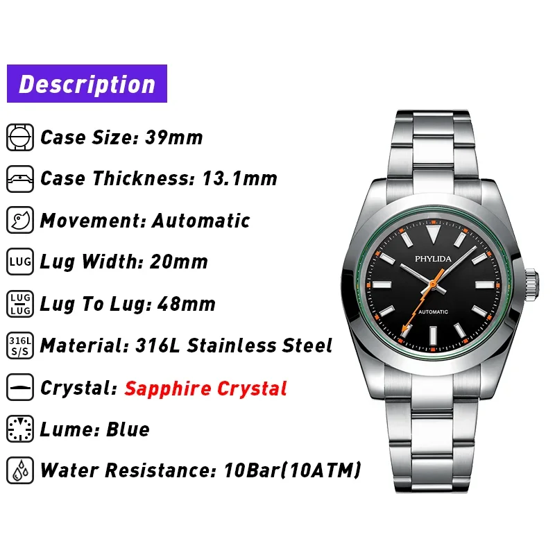 PHYLIDA 39mm MIYOTA Automatic Mechanical Luxury Everyday Watch Lightning Bolt Hands 10Bar Waterproof Black Dial 100M WR