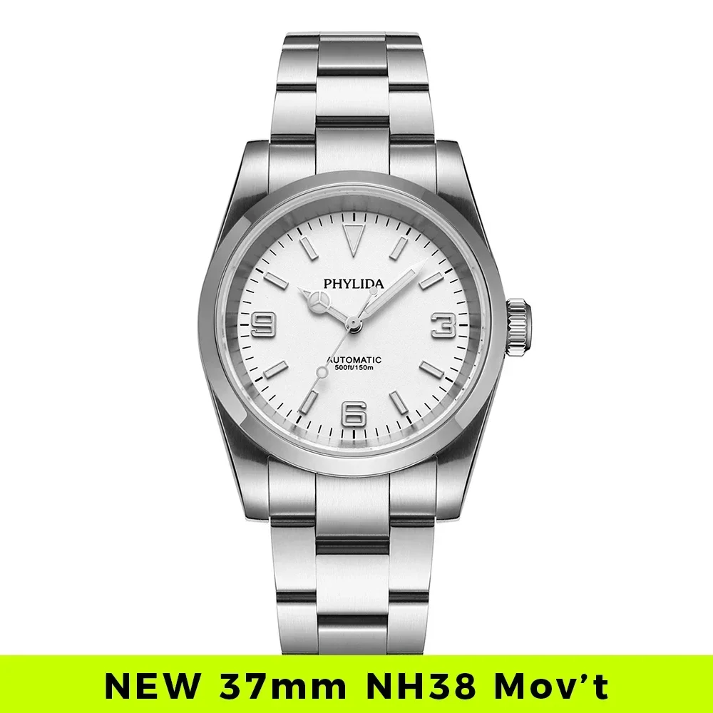 PHYLIDA Explore Series 37mm White Polar Dial NH38 Automatic Men’s Watch, 150M Waterproof, Vintage 36mm NH35 for Small Wrists