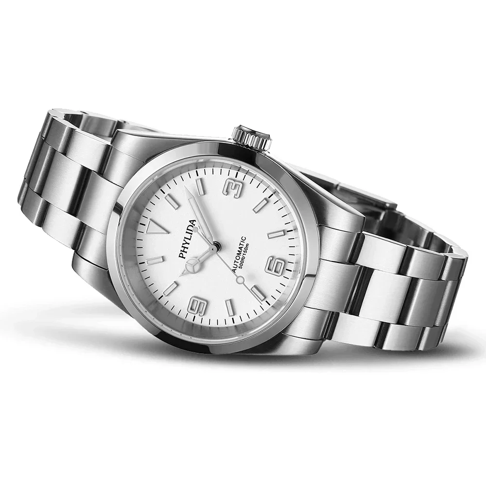 PHYLIDA Explore Series 37mm White Polar Dial NH38 Automatic Men’s Watch, 150M Waterproof, Vintage 36mm NH35 for Small Wrists