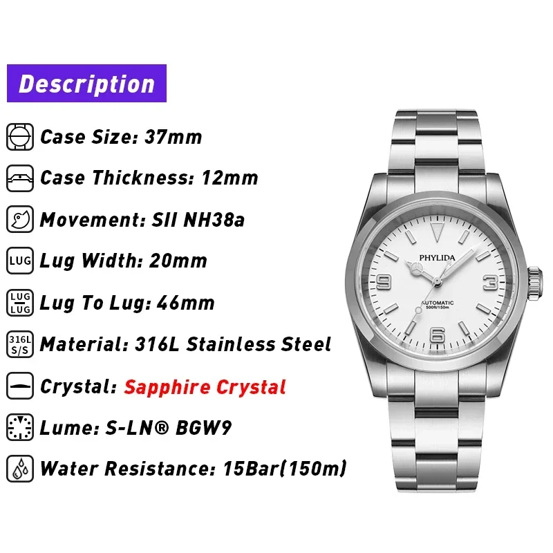 PHYLIDA Explore Series 37mm White Polar Dial NH38 Automatic Men’s Watch, 150M Waterproof, Vintage 36mm NH35 for Small Wrists
