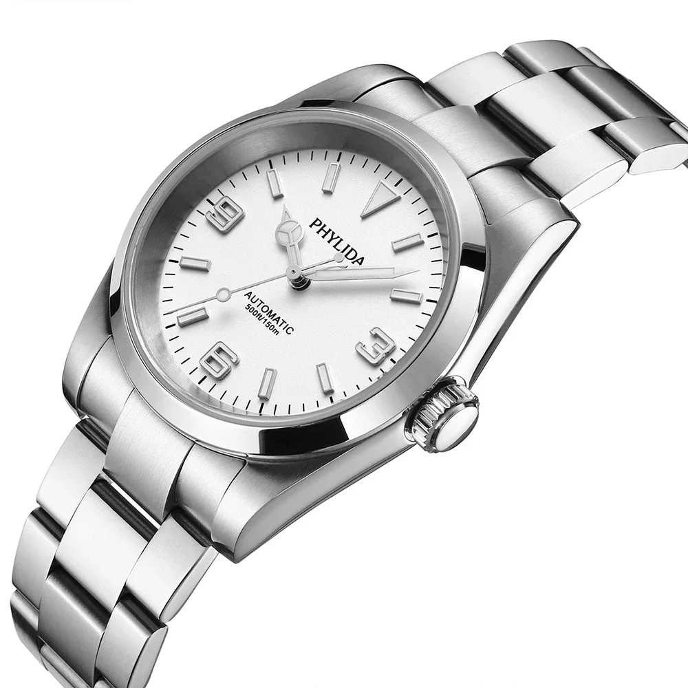 PHYLIDA Explore Series 37mm White Polar Dial NH38 Automatic Men’s Watch, 150M Waterproof, Vintage 36mm NH35 for Small Wrists