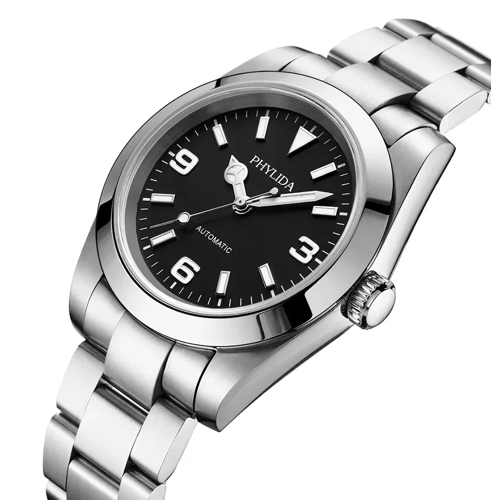 PHYLIDA 39mm Miyota  Automatic Mechanical Luxury Watch Explore Black Dial 100M Water Resistant Brushed Bracelet