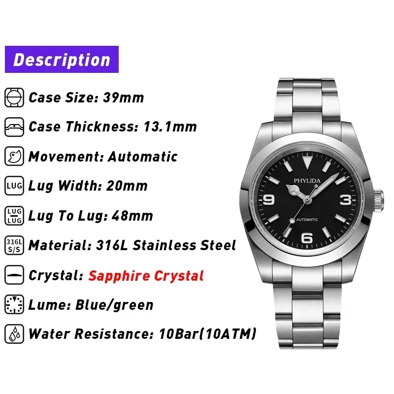 PHYLIDA 39mm Miyota  Automatic Mechanical Luxury Watch Explore Black Dial 100M Water Resistant Brushed Bracelet