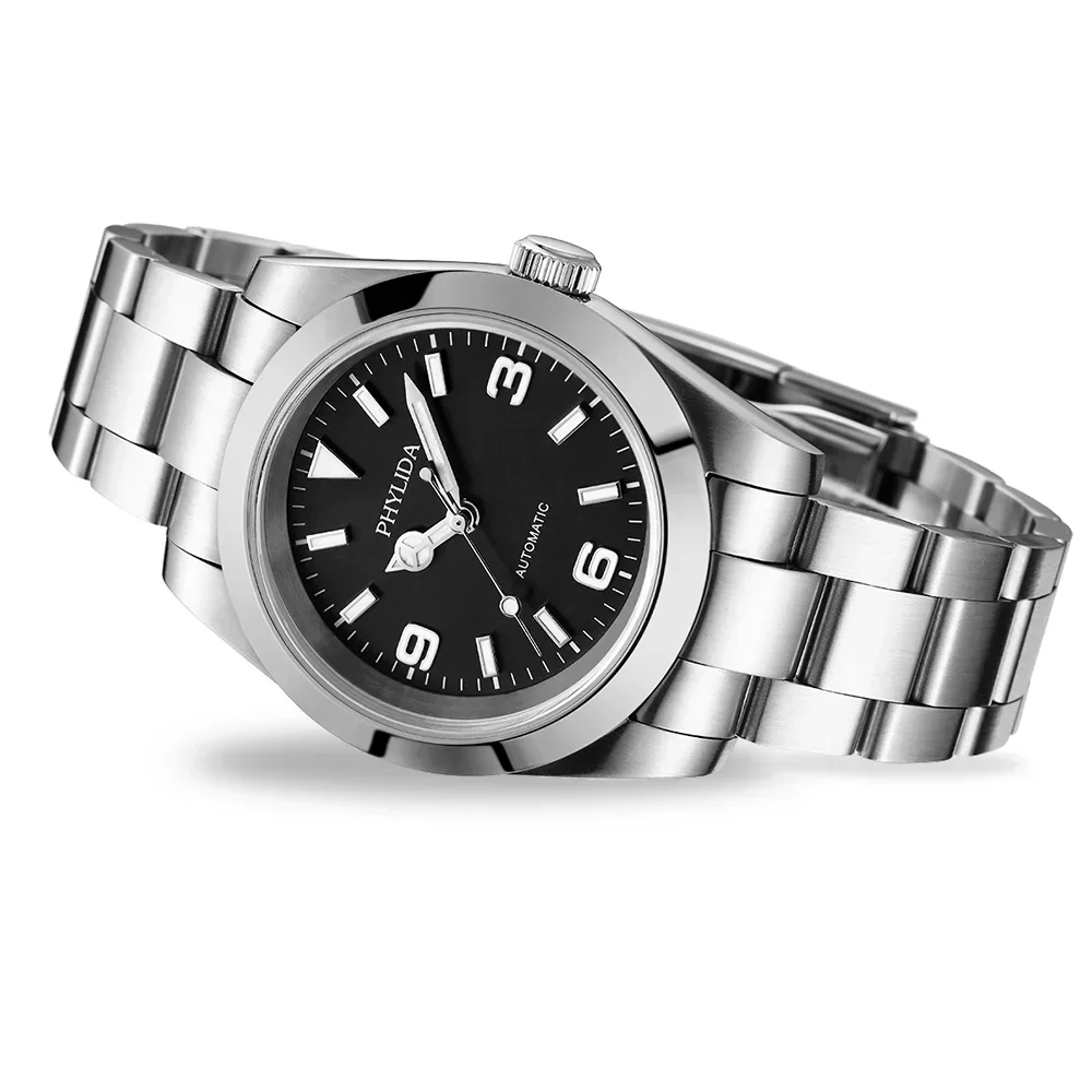 PHYLIDA 39mm Miyota  Automatic Mechanical Luxury Watch Explore Black Dial 100M Water Resistant Brushed Bracelet