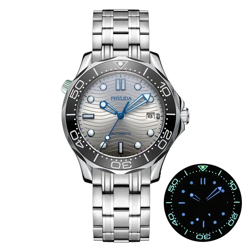 PHYLIDA 41mm Sport Diver Watch Silver Dial Sapphire Crystal Watches for Men Automatic Stainless Steel
