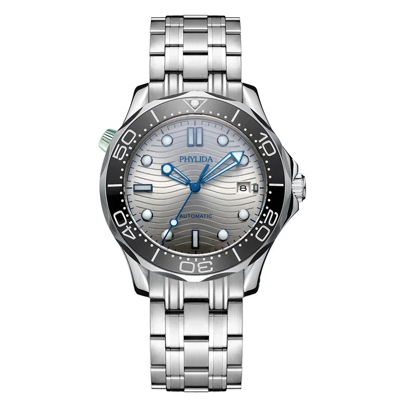 Phylida SE-11 diver watch silver wave dial front view