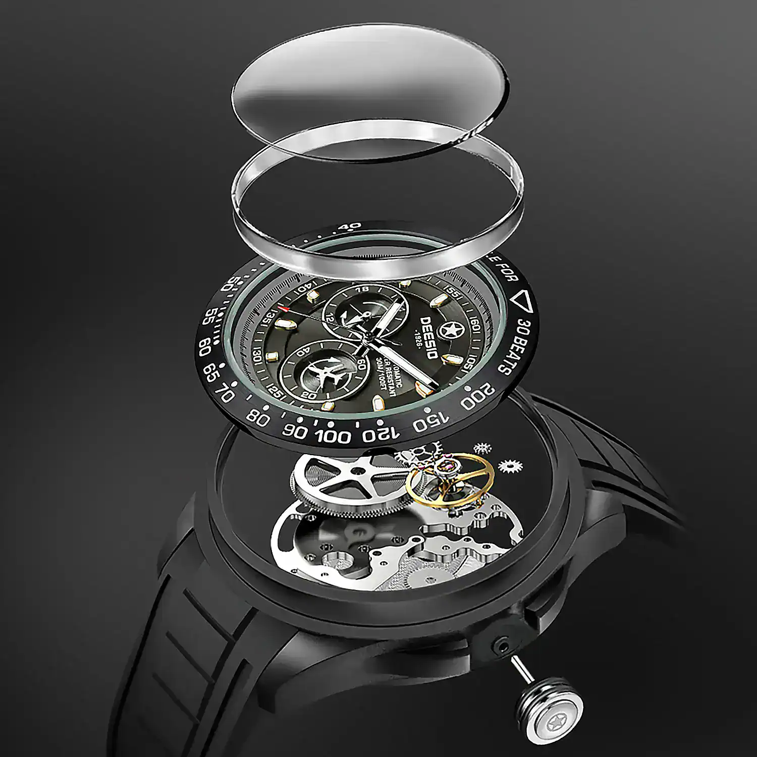 Close-up of a luxury mechanical watch showcasing intricate gears, movement, and modern design elements.