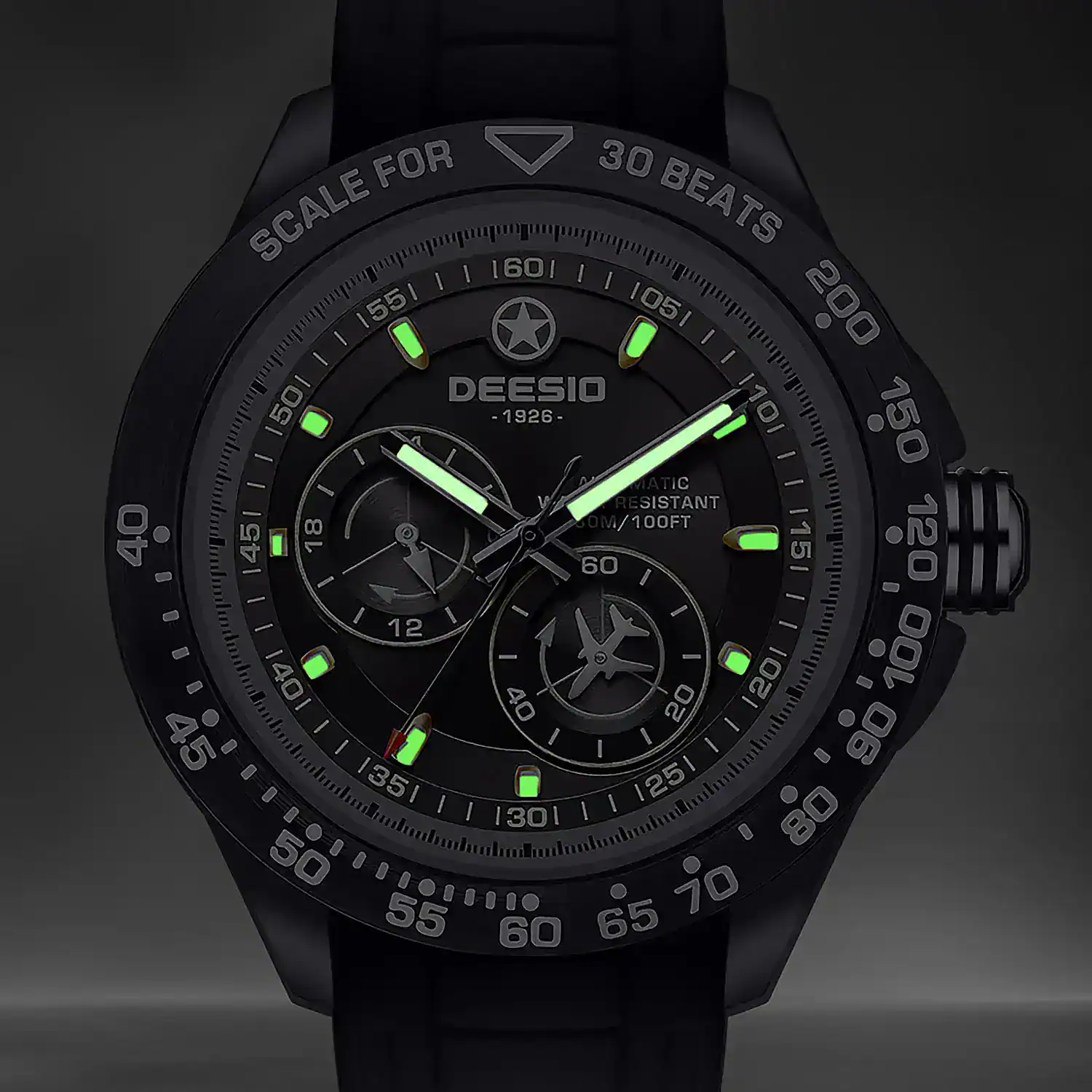 High-quality men's black chronograph watch with luminous hands and markers.