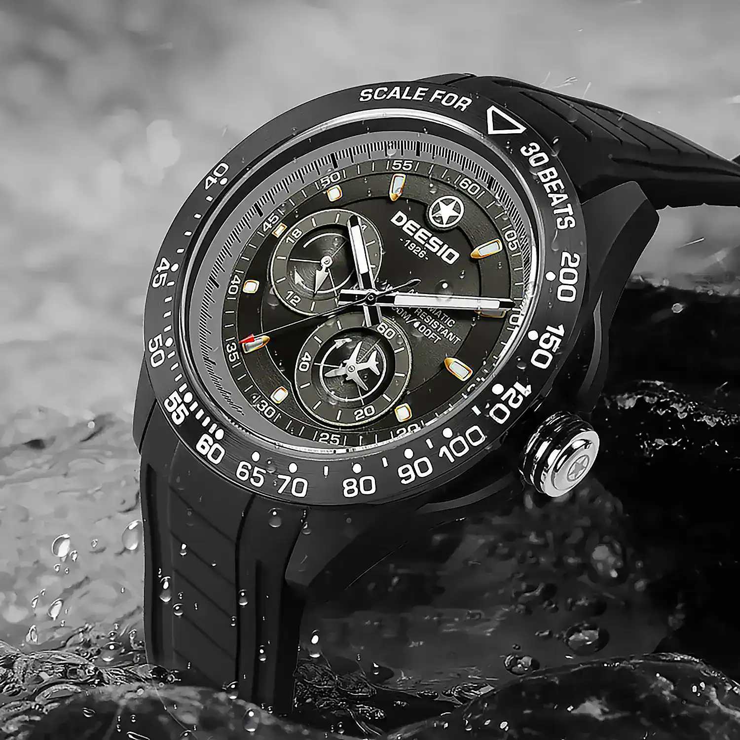 Stylish black chronograph wristwatch with detailed dial, water-resistant feature for men.