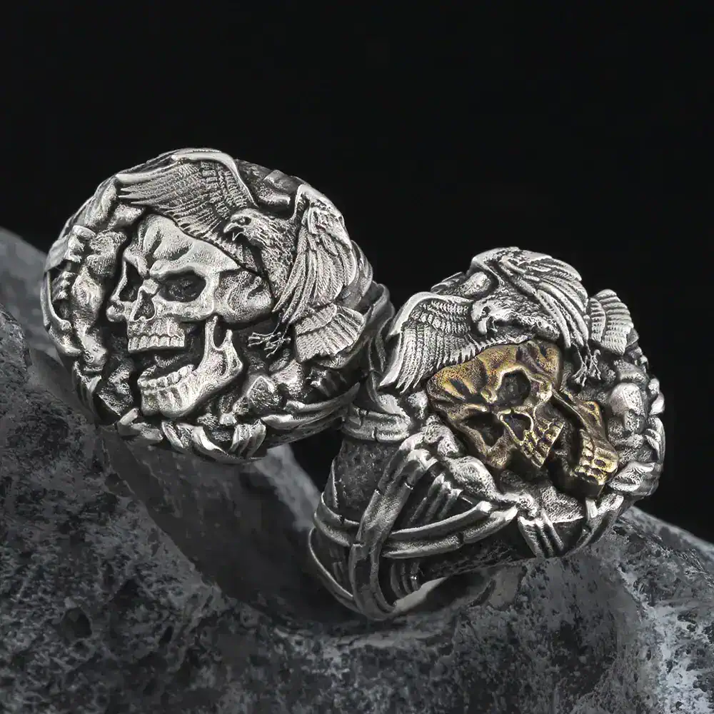 Detailed silver skull and eagle rings for bikers and gothic style jewelry.