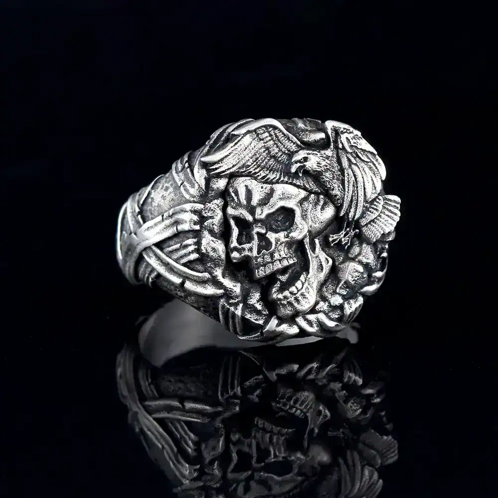 High-quality gothic men's skull ring featuring an eagle motif, crafted from durable silver-tone metal.