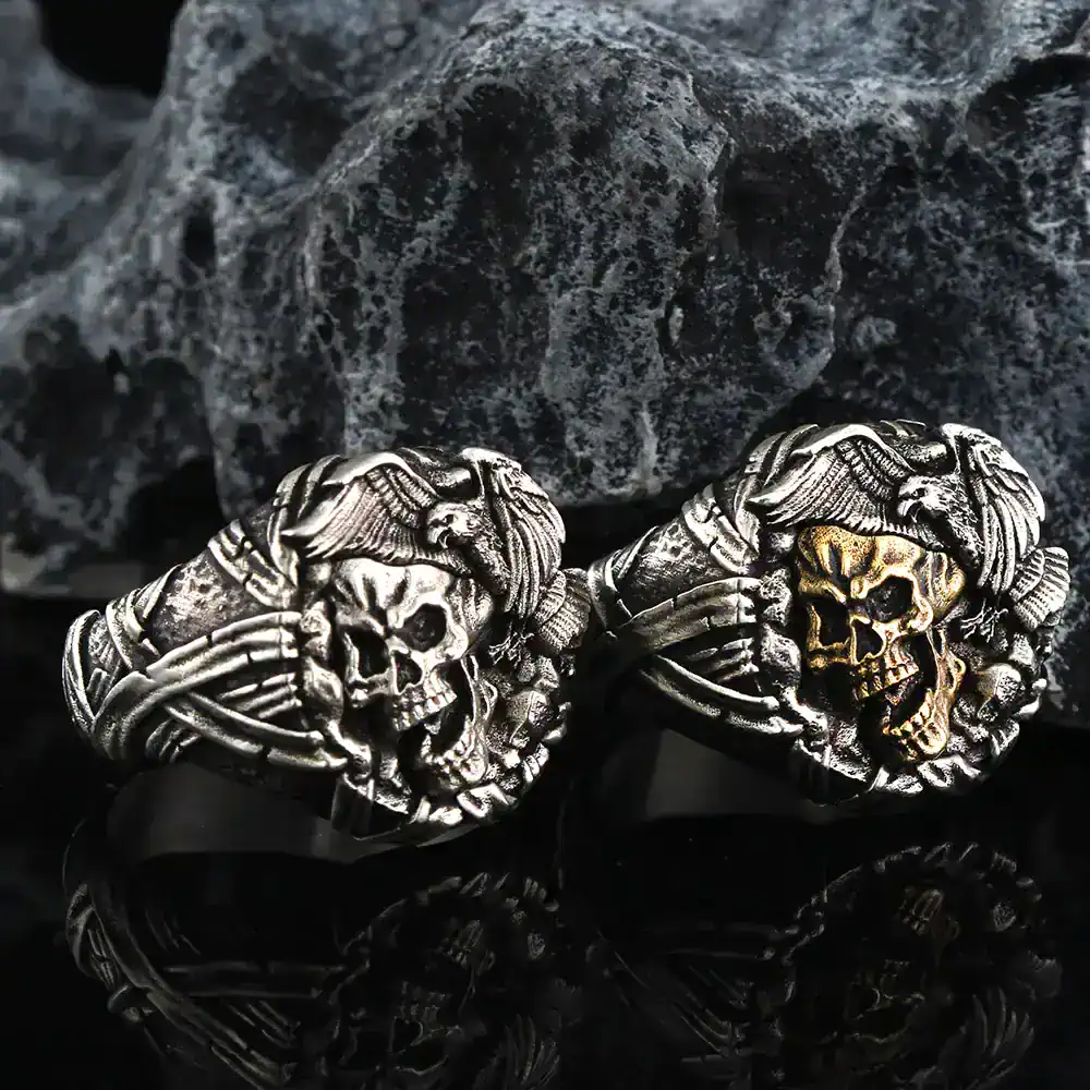 Edgy skull and wings silver and gold rings for men, perfect for biker or gothic fashion lovers.