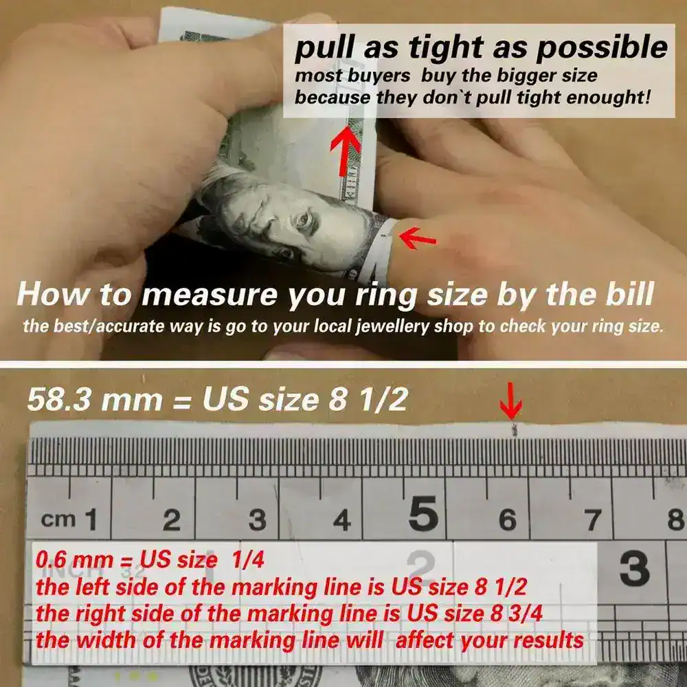 Display showing a ruler and a dollar bill for ring measurement reference.