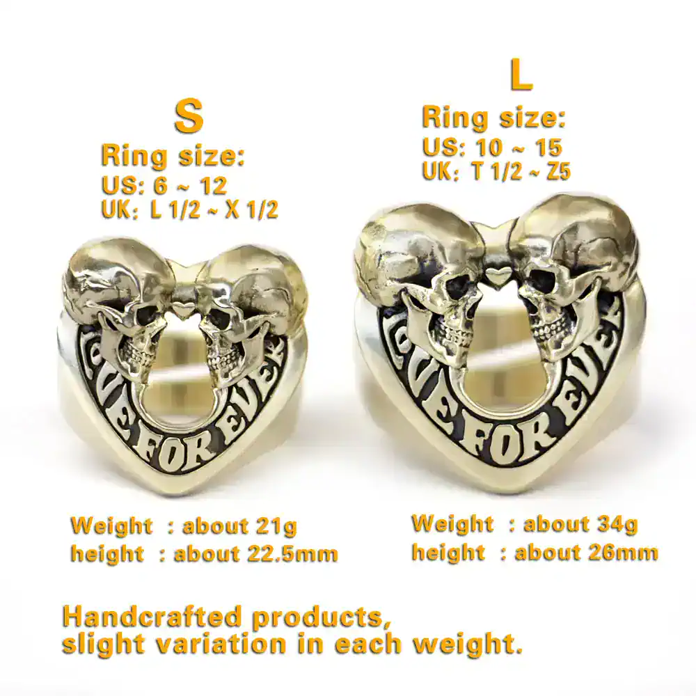 Skull heart shaped men's rings for bold jewelry, available in size S and L. Handcrafted, unique designs, perfect for stylish men.