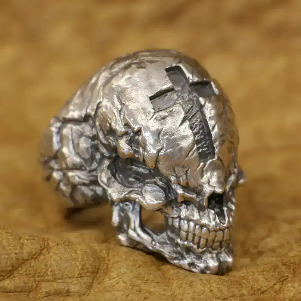 Sterling Silver Skull Ring with Cross Design, Venom Style.
