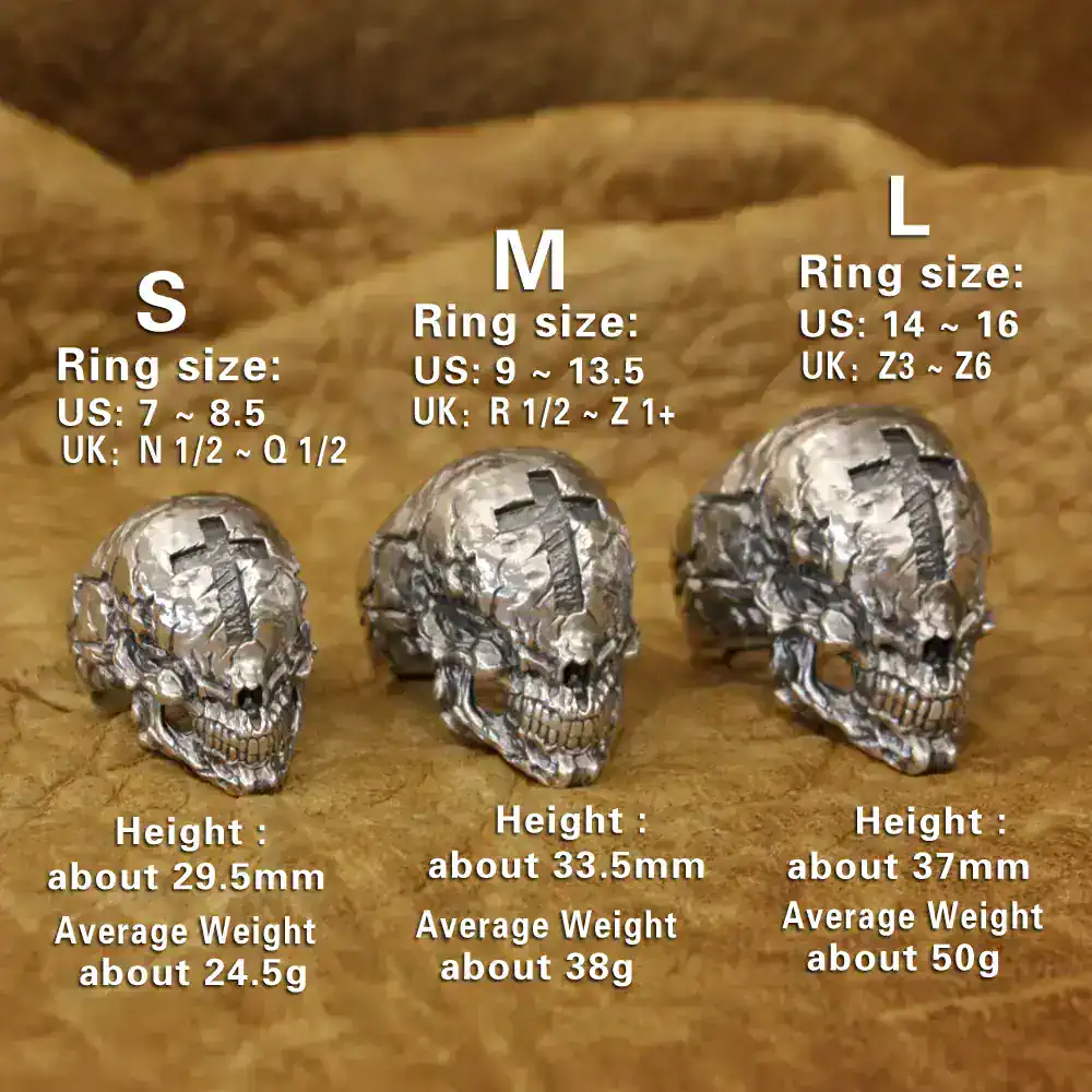 Skull jewelry rings available in small, medium, and large sizes with detailed specifications for each.
