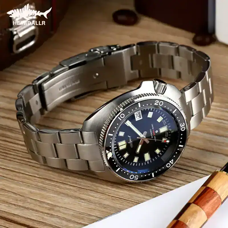 Heimdallr Turtle 200M automatic dive watch with stainless steel band and black dial.