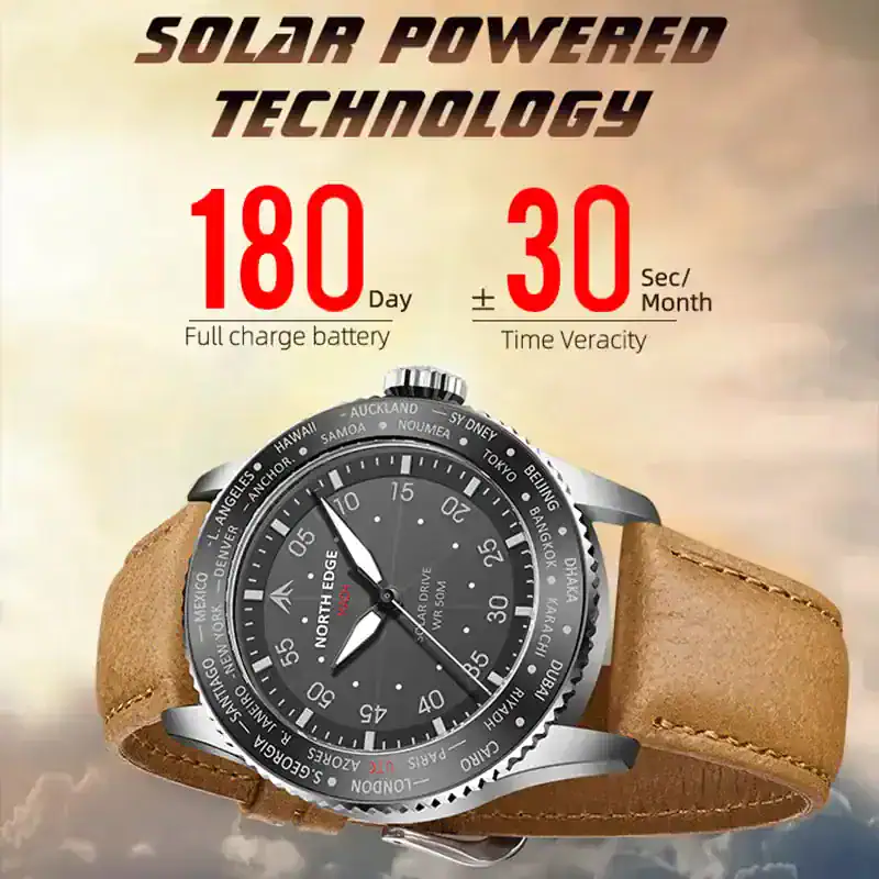 Solar powered men's wristwatch with world time.