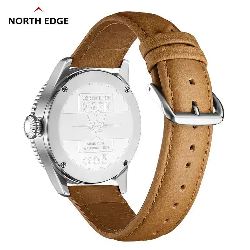 Powered pilot watch with leather strap.