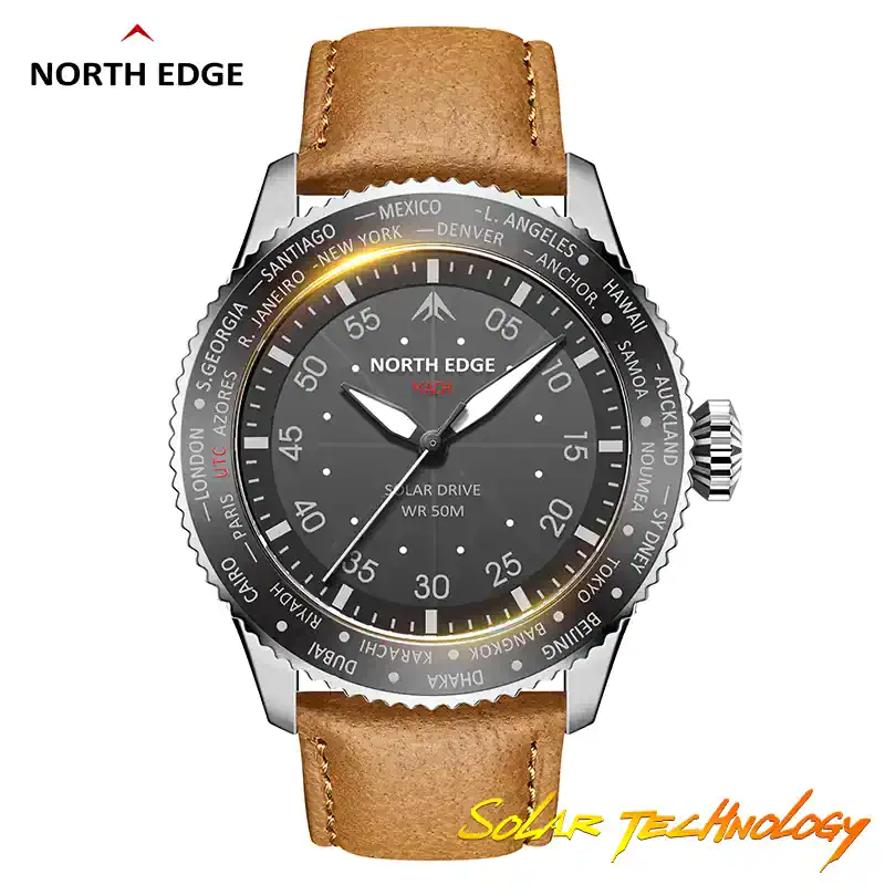North Edge MACH solar-powered pilot watch with world time bezel and leather strap.