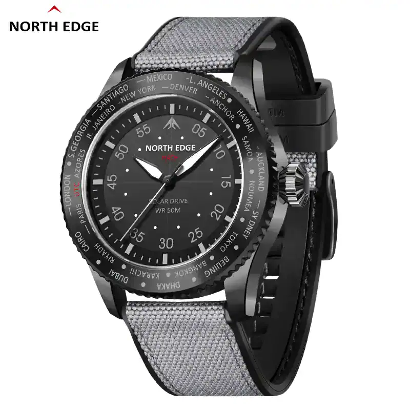 Luxury men's adventure watch with world time, water-resistant up to 50m, black and silver design.